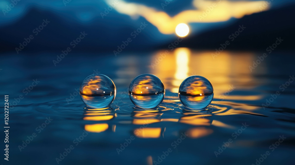 Poster luminous bubbles floating serenely above a calm lake at twilight with soft reflections