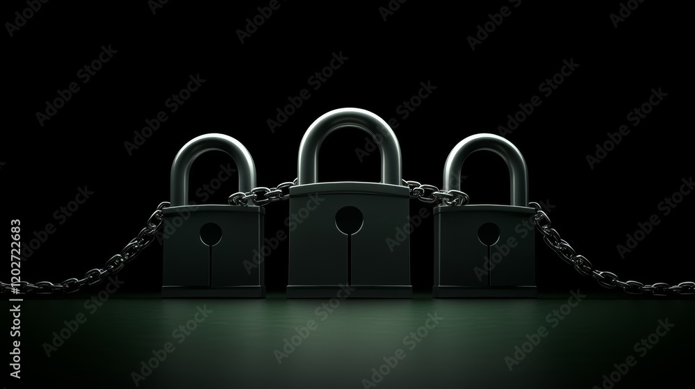 Poster closeup of a sturdy chain secured with multiple padlocks on dark background, symbolizing security an