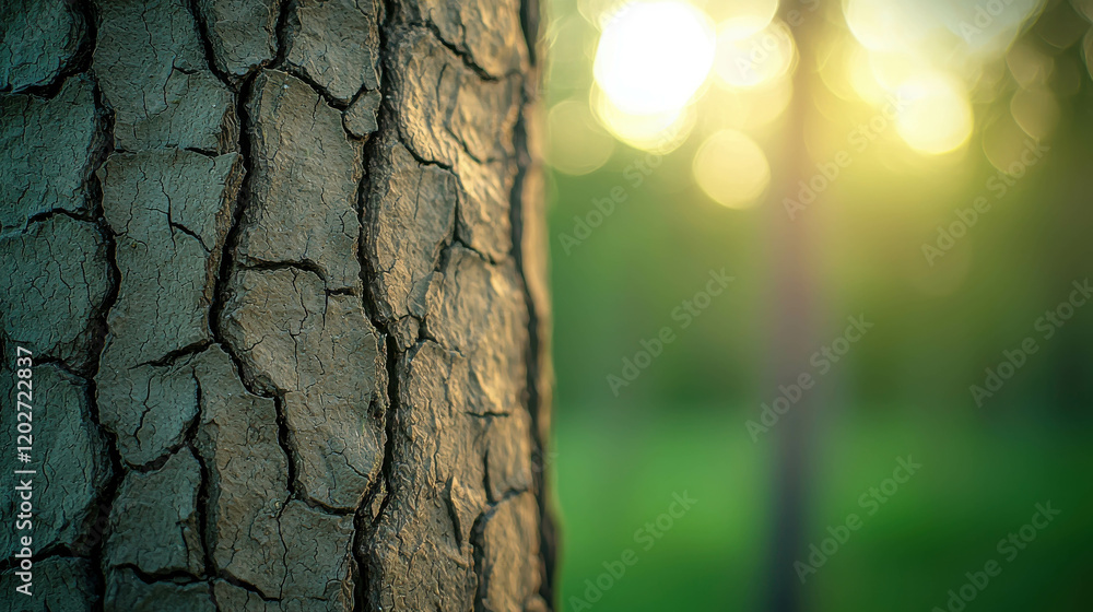 Poster macro shot of rough cracked texture on tree bark with soft focus background