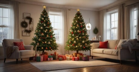 A Christmas tree in a living room with festive ornaments, decorated mantel, warm atmosphere