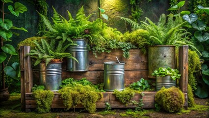 Obraz premium A collection of old metal cans arranged artfully on a wooden crate filled with soft green moss and ferns, surrounded by lush vines, plants, beer cans, vintage packaging