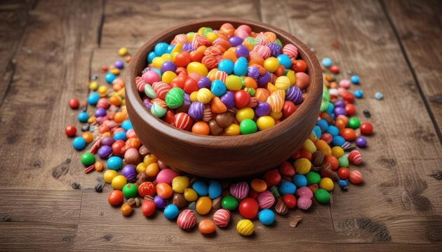 A colorful and festive bowl filled with candies and sweets on a wooden table, event, decoration, table