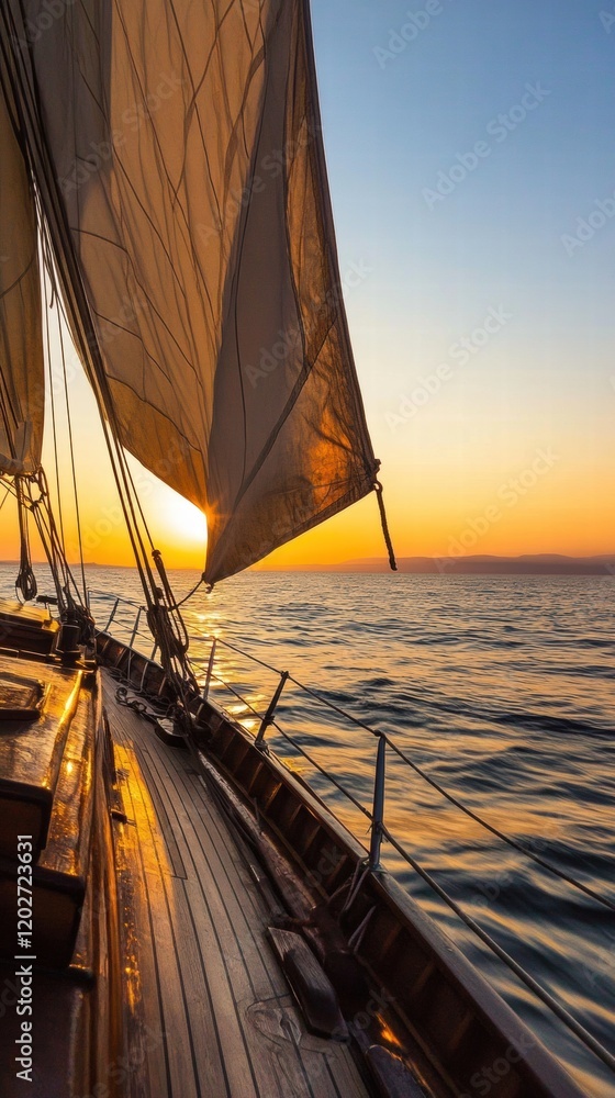 Poster sailing on calm waters at sunset with illuminated sails and a golden horizon reflecting on the ocean