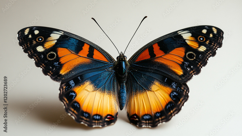 Poster bright butterfly perched on a surface displaying intricate colors and patterns in detail