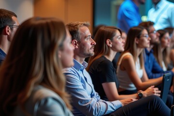 Engaged Audience in a Modern Conference Room: Professionals Focused on Presentations and Collaborating Ideas During a Knowledge-Driven Event