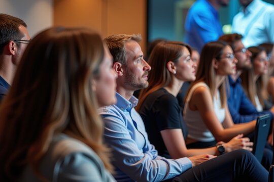 Engaged Audience in a Modern Conference Room: Professionals Focused on Presentations and Collaborating Ideas During a Knowledge-Driven Event