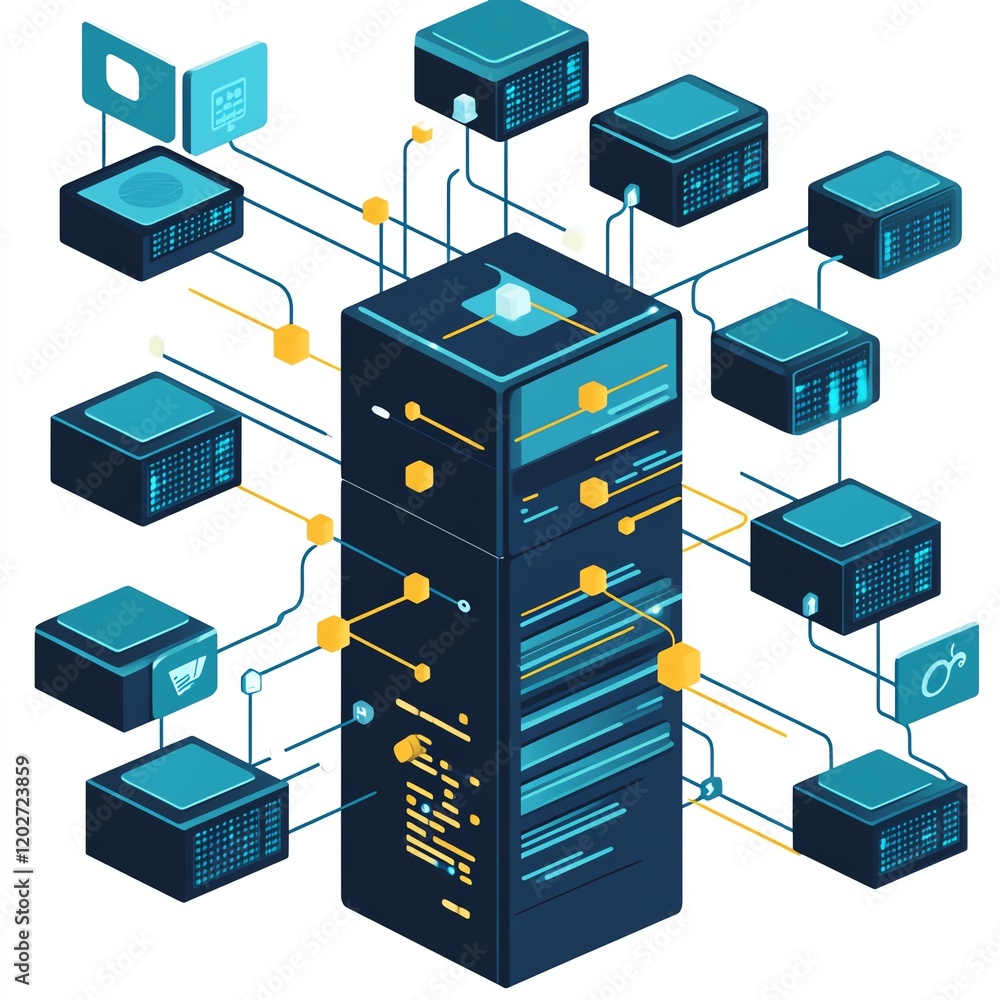 Poster technology infrastructure with interconnected servers and data connections showcasing a modern netwo