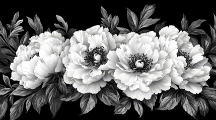 Monochrome floral arrangement of lush peonies and leaves on black background.