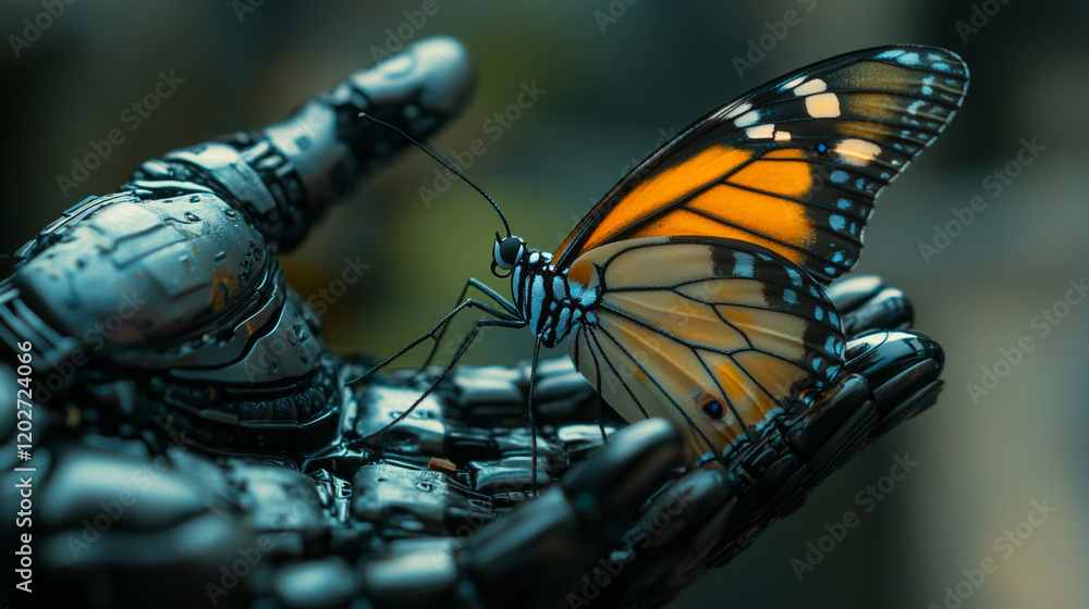 Poster robot hand gently holds a colorful butterfly in a futuristic setting