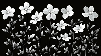 Monochrome illustration of flowers and leaves on black background.