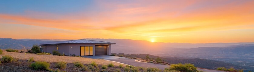 Fototapeta premium Serene sunset silhouette, a solitary house on hill embraces the golden hour tranquil