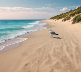 A lone seagull perches on a sandy dune overlooking the calm turquoise waters of the sea, nature, dunes