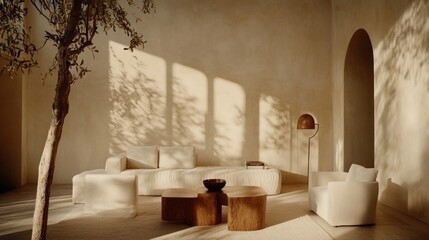 Sunlit minimalist living room with beige furniture and olive tree.