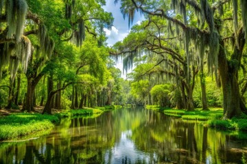 A lush green swamp with tall trees and Spanish moss hanging from the branches, green swamp, bayou, lake surroundings, aquatic life
