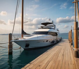 Fototapeta premium A luxury yacht docked at the end of a long wooden pier with two boats tied to mooring posts using heavy-duty ropes , marina, , pier