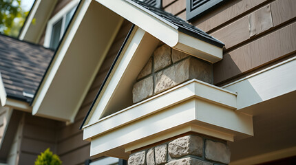 Obraz premium Captivating Architectural Details: A Modern Home's Exterior Design. Stone and Wood Accents, Classic Style, and Exquisite Craftsmanship. Discover the beauty of refined residential architecture.