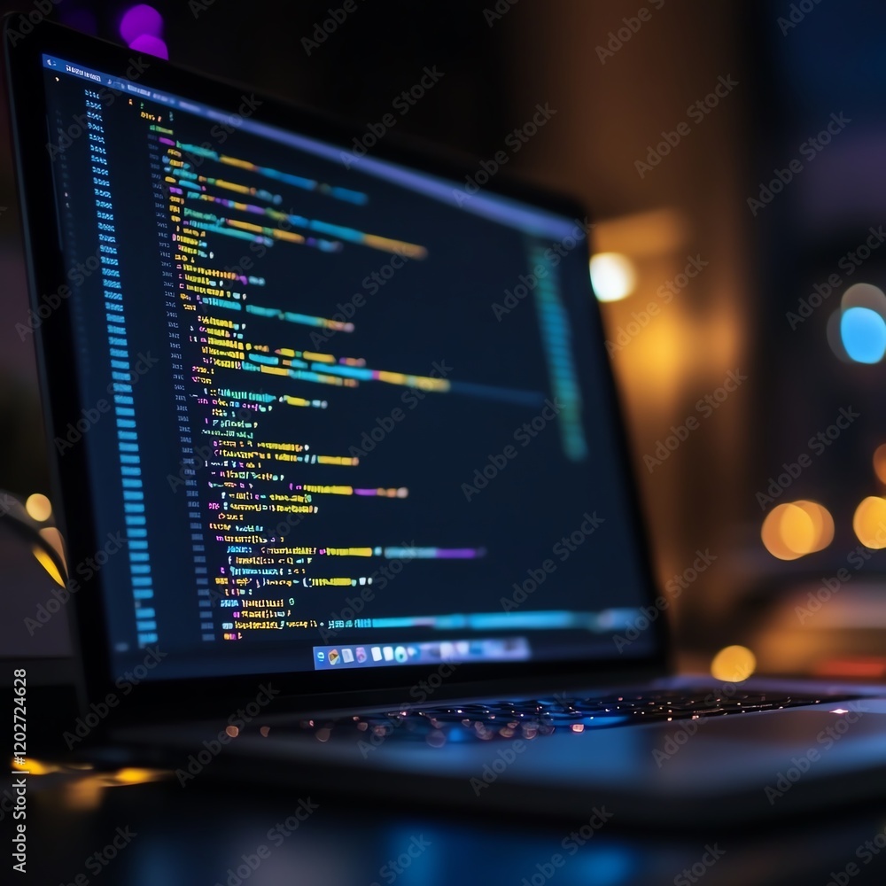 Poster coding session on a laptop with colorful syntax highlighting in a dimly lit workspace at night