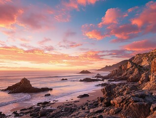 Obraz premium A majestic panoramic sunset sky transforms the rugged coastline with shades of coral and peach hues, dramatic lighting, coastal landscape, vibrant colors, ocean views, coral tones