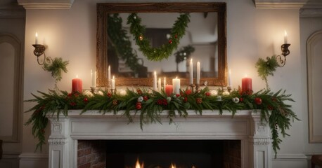 A mantel decorated with garlands, stockings, and festive centerpieces, adorned with candles and evergreen branches, decorations, evergreen branches, centerpieces