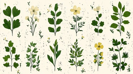 Botanical Illustration Green Leaves Yellow White Flowers Vintage Style Nature Design