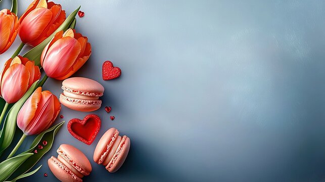   A pair of macaroons rest atop a table, surrounded by an assortment of red-heart shaped ones