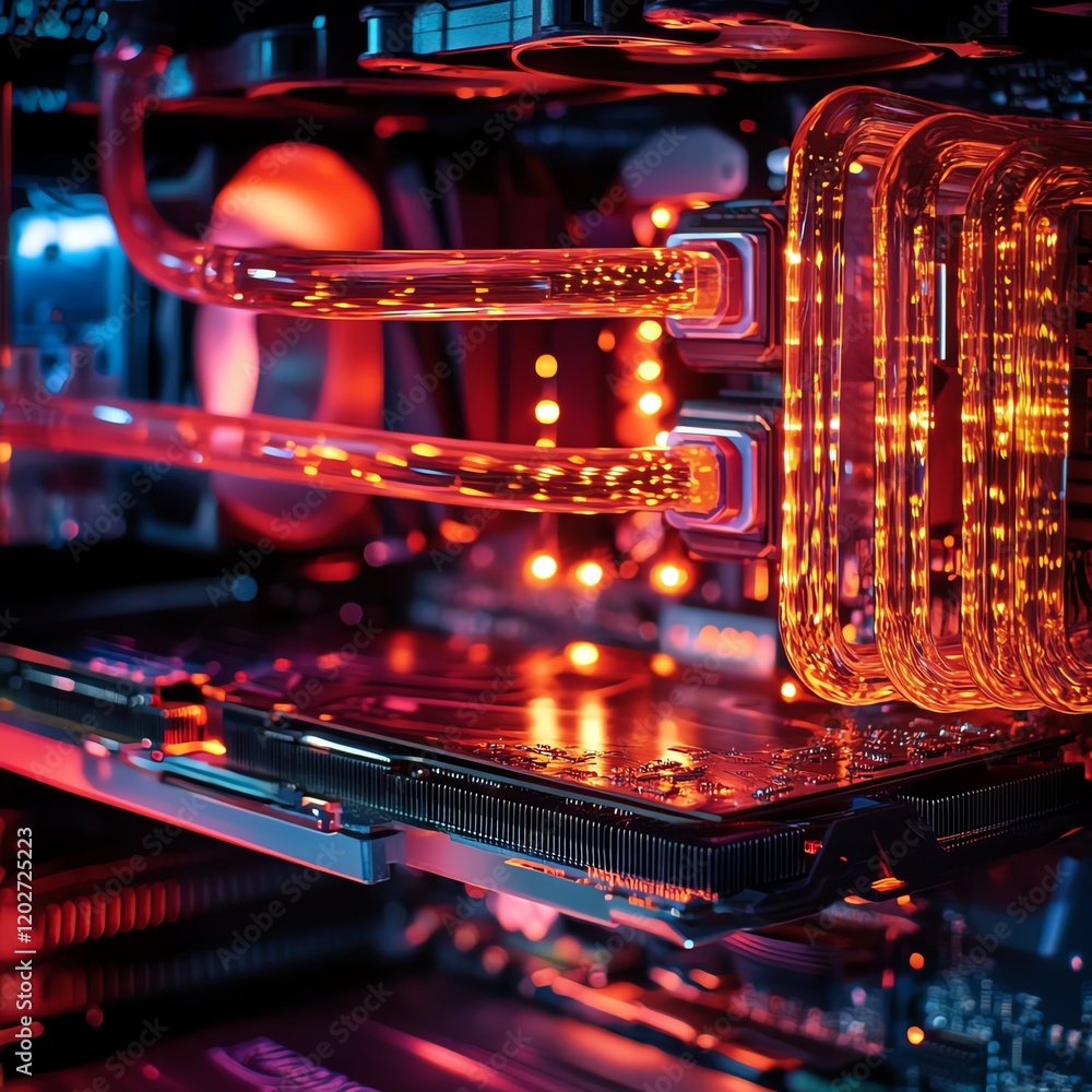 Poster high-performance computer components with vibrant lighting showcasing advanced liquid cooling techno