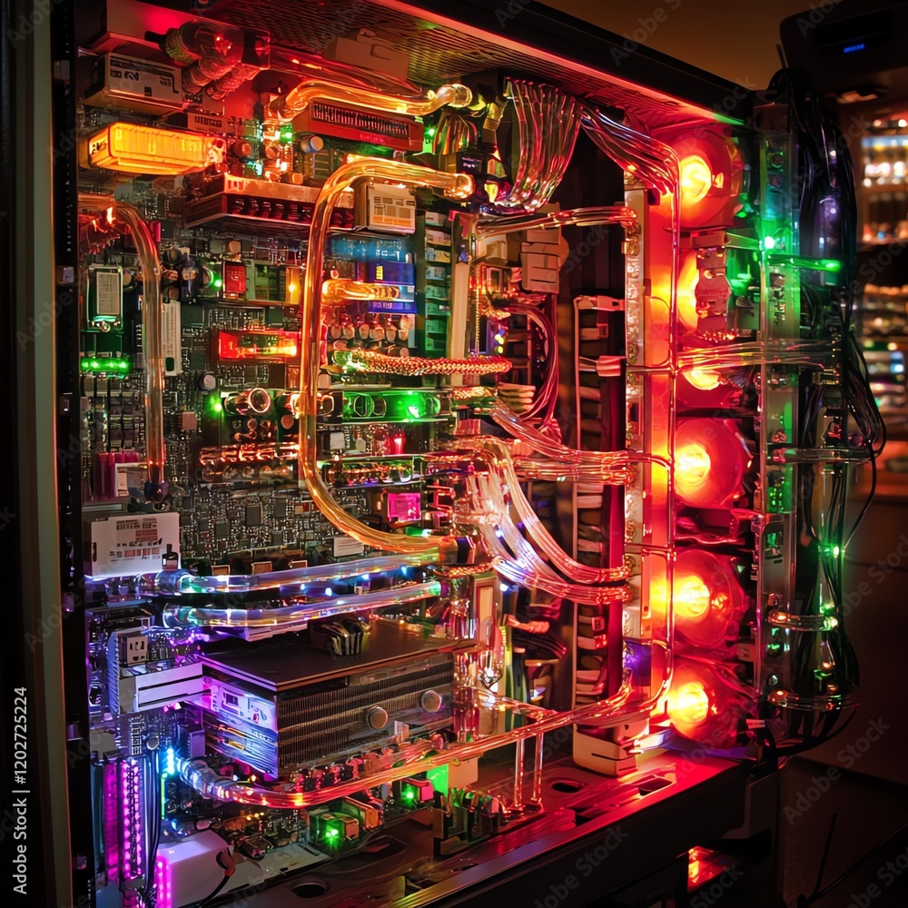 Poster colorful illuminated computer hardware showcases advanced technology and intricate design in a dynam