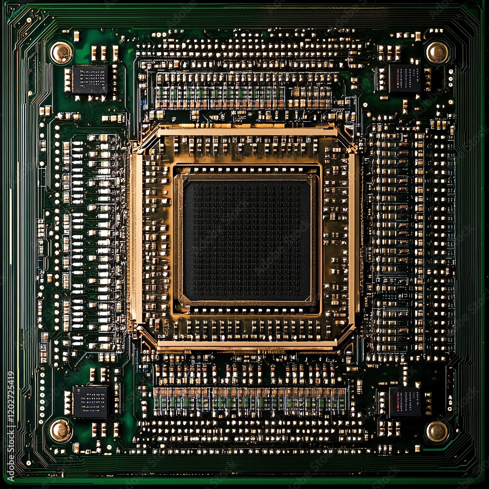Poster complex microchip design featuring intricate circuits and connections on a green printed circuit boa