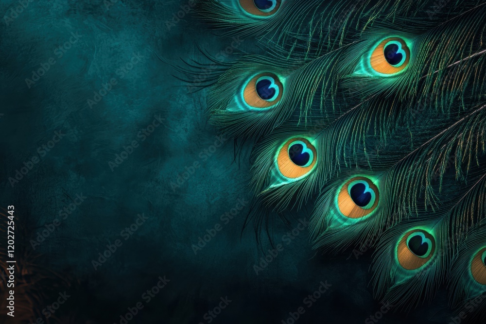 Poster vibrant peacock feathers display intricate patterns on a dark background, showcasing their unique co