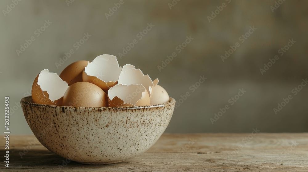 Aufkleber pile of empty eggshell halves in a rustic ceramic bowl on wooden table surface