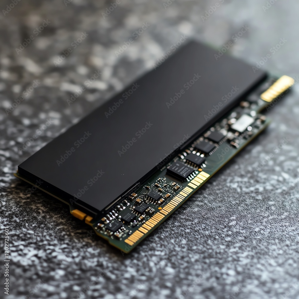 Poster high-performance memory module displayed on a textured surface in a technology-focused environment