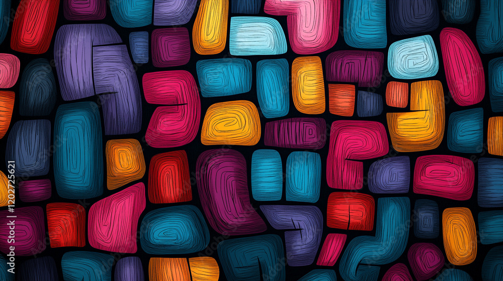 Poster colorful abstract patterns create a vibrant mosaic design on a dark background