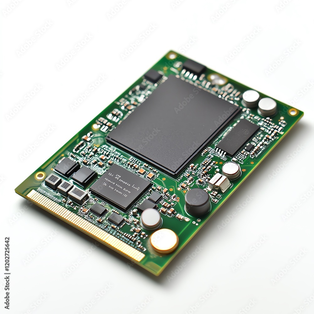 Poster high-tech circuit board featuring various components and intricate designs captured in a close-up vi