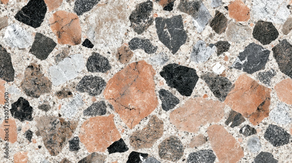 Poster seamless texture of multicolored pebbles embedded in concrete stone aggregate background