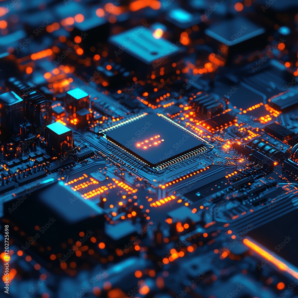 Poster intricate details of a computer circuit board showcasing vibrant lights and a central processing uni