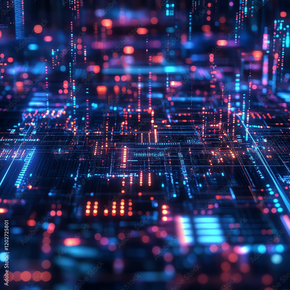 Poster colorful abstract digital landscape showcasing intricate circuitry patterns and vibrant light elemen
