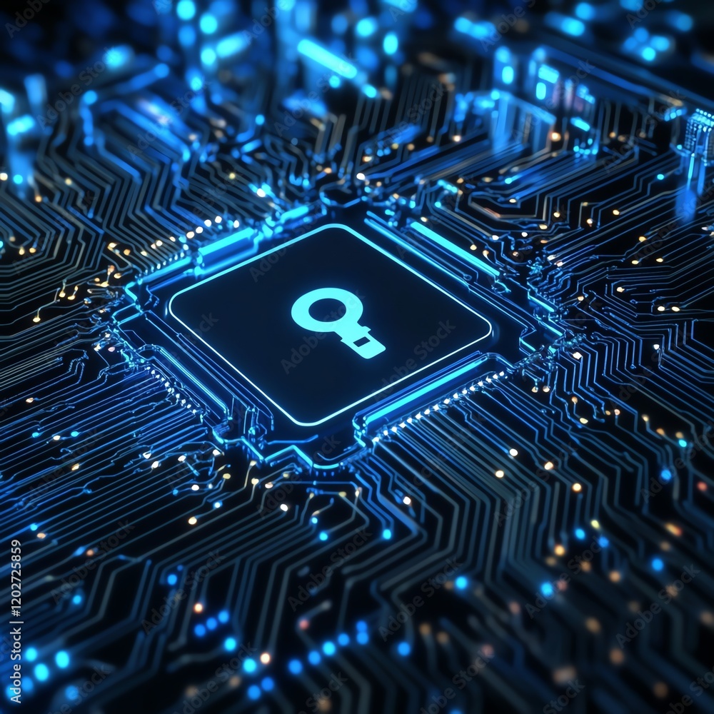 Poster microchip with security symbol illuminated in blue lights on a printed circuit board in a modern tec