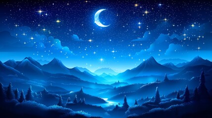 Serene night landscape with crescent moon, stars, and mountains reflecting in a calm lake.