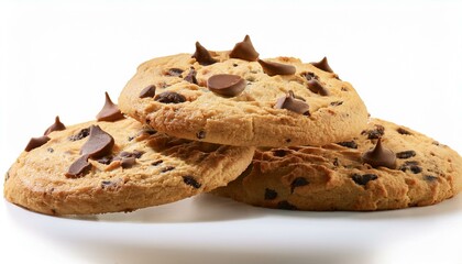 "High-resolution floating cookies with chocolate chunks, isolated on white, showcasing their golden texture and artistic appeal."
