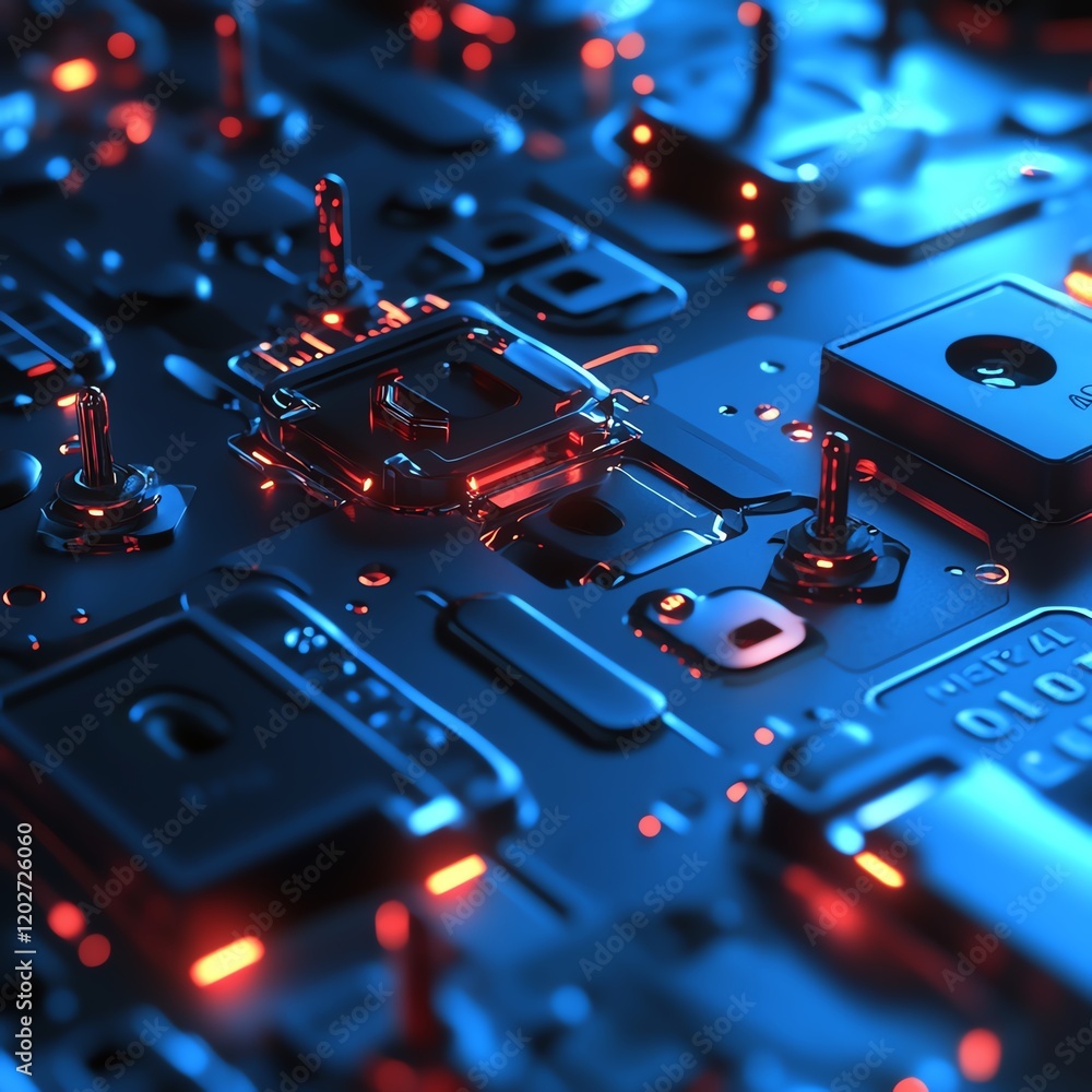 Poster close-up view of intricate electronic circuitry with glowing lights in a dark environment highlighti