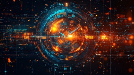 Abstract clock face with glowing orange and blue lights. Ideal for technology backgrounds, website headers, or presentations representing time, innovation, or futuristic concepts.