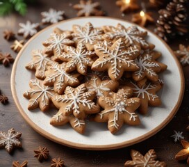 Fototapeta premium A plate of freshly baked gingerbread cookies with a sprinkle of cinnamon on top, cut into festive shapes like snowflakes or trees, sweet indulgence, cinnamon