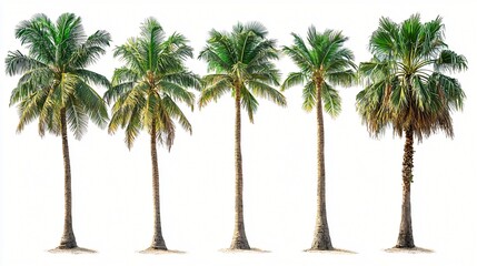 Six coconut palm trees isolated on white background, showing variations in size and foliage.