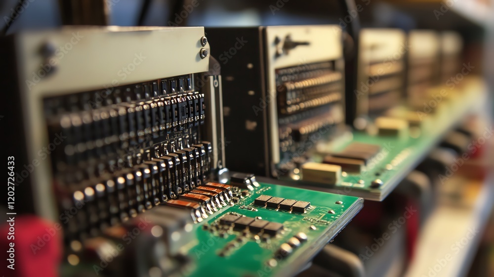 Poster advanced circuit boards arranged in a modern electronics lab showcasing intricate technology and des