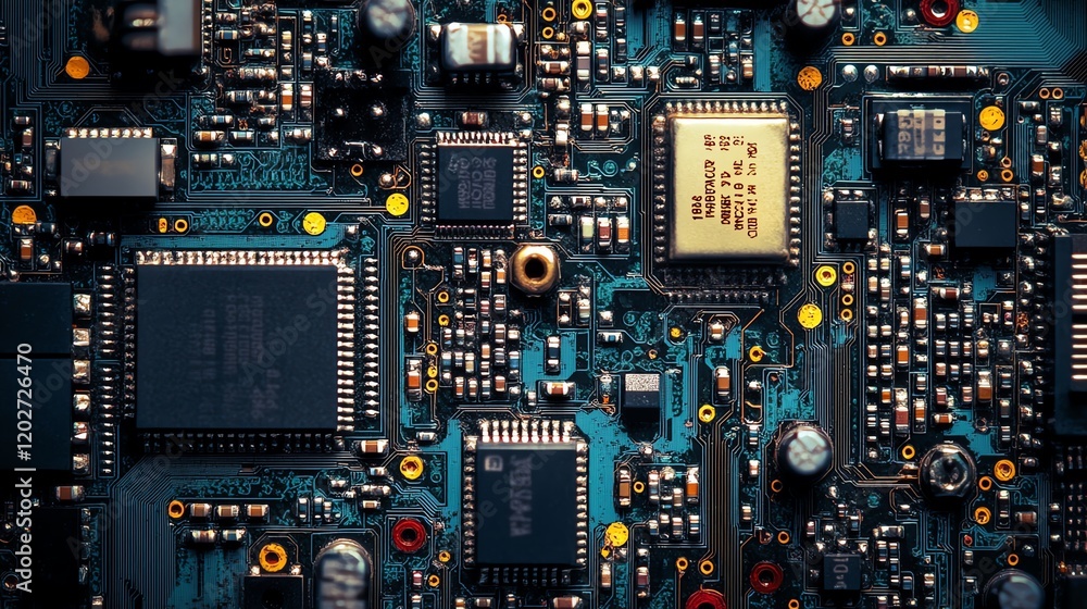 Aufkleber detailed view of a complex circuit board with various electronic components and connections