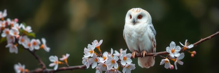 Fototapeta premium A small white owl perched on a branch with pale pink flowers surrounding it, peaceful, branches