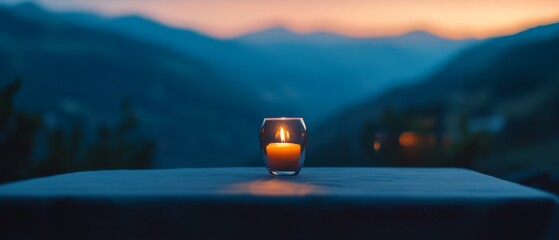 Fototapeta premium A candle flickers gently on a table, set against a backdrop of majestic mountains at dusk, creating a tranquil ambiance.