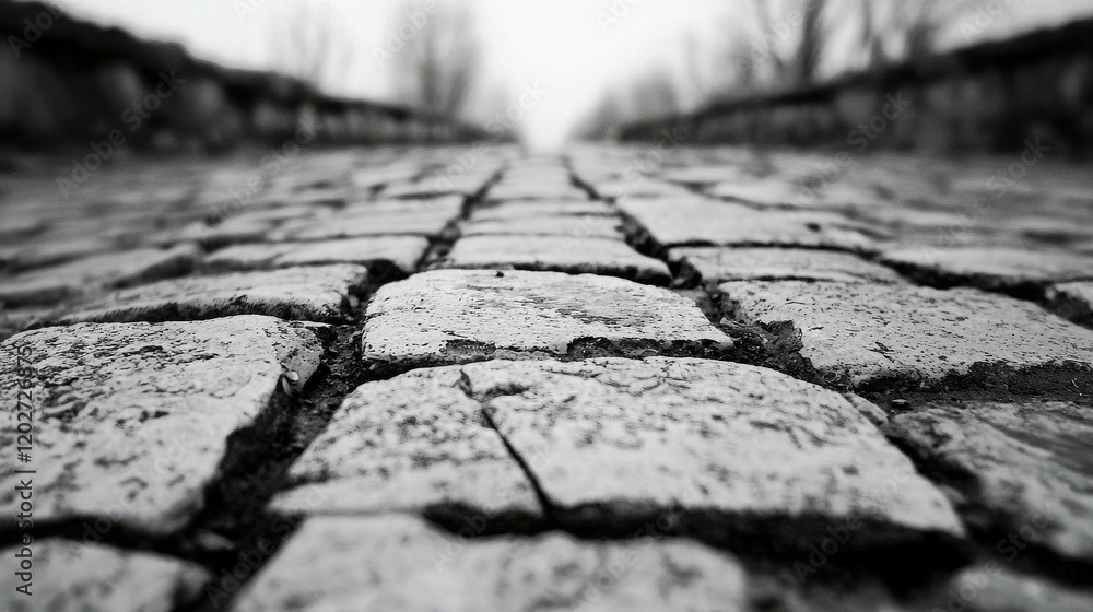 Aufkleber captivating cobblestone pathway in black and white with a depth of field effect