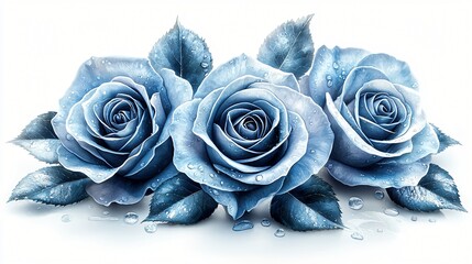 Three blue roses with water droplets on petals and leaves, isolated on white background.