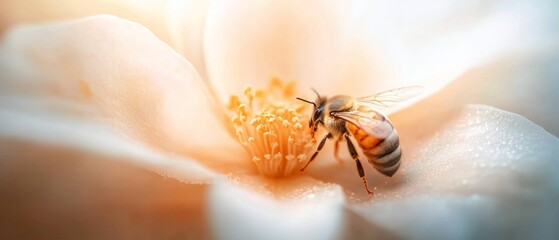 Obraz premium A honeybee delicately gathers pollen from a blooming flower in soft, warm light, symbolizing nature's harmony and productivity.